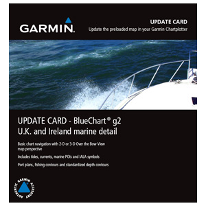 Garmin UK/IRE Marine Detail Map g2 Update Card packaging with a boat on blue water