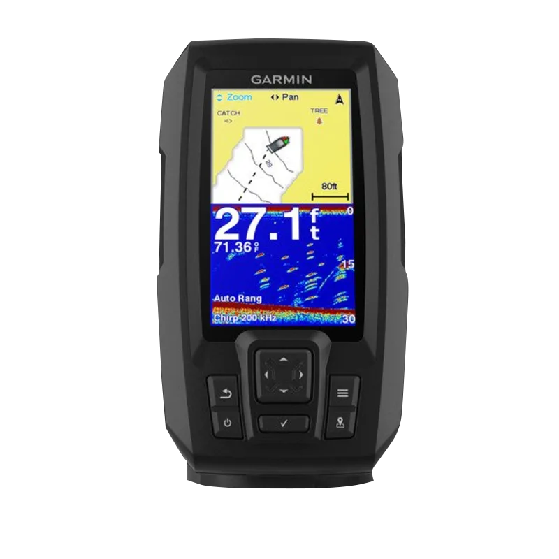 Garmin STRIKER Plus 4 handheld fish finder with dual-beam transducer; black rugged design