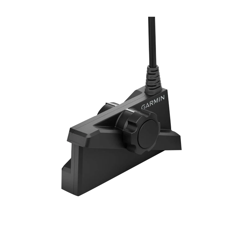 Garmin LiveScope Plus LVS34 transducer on black mounting bracket