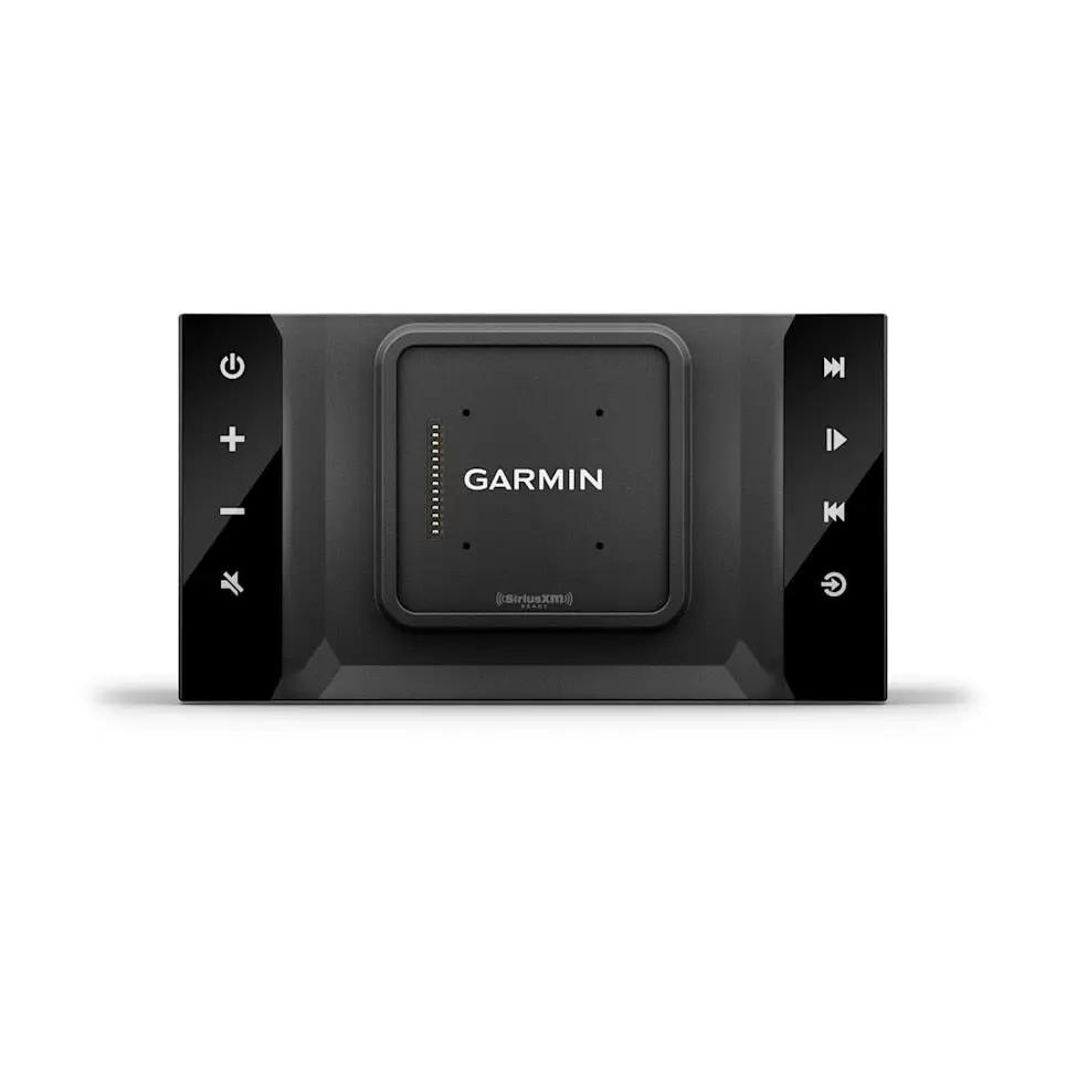 Garmin Vieo RV 51 stereo dock, black unit with glossy side panels and Garmin logo