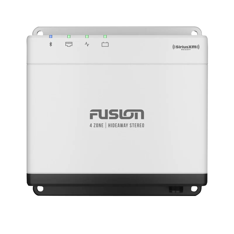 Garmin Fusion Apollo MS-WB675 marine hideaway stereo, white enclosure with black base, SiriusXM ready.