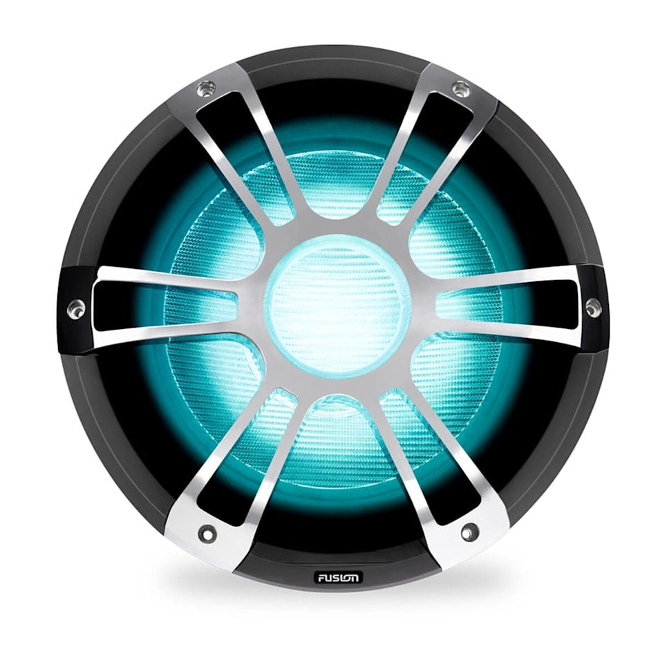 Fusion Garmin marine subwoofer with blue illuminated cone and silver grille spokes
