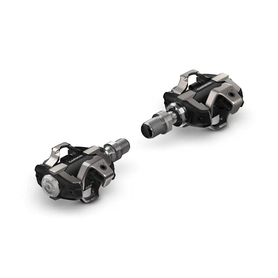 Garmin Rally XC100 single-sensing power meter bicycle pedals, black and silver finish, 2 pedals shown