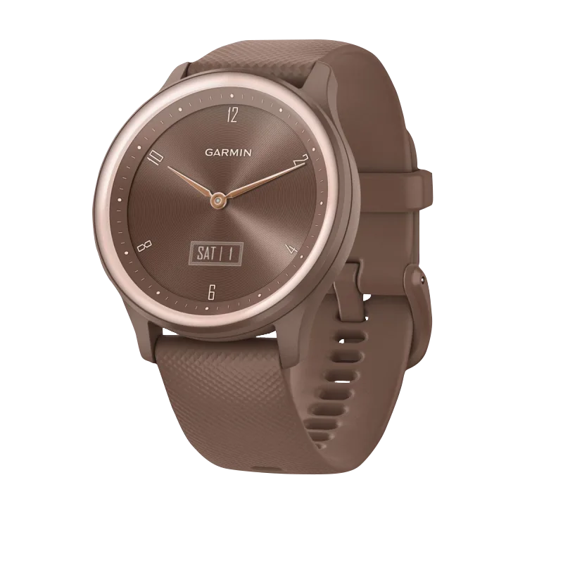 Garmin Vívomove Sport Cocoa watch with peach gold accents, certified refurbished