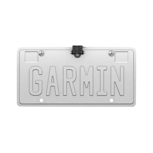 Garmin BC 50 wireless backup camera with license plate mount on a Garmin-branded plate