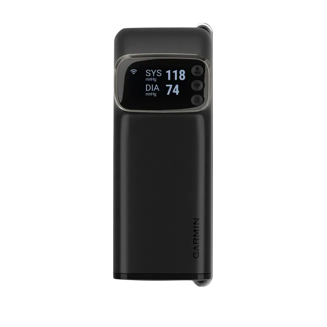 Garmin Index BPM smart blood pressure monitor in black with digital display showing SYS 118 DIA 74