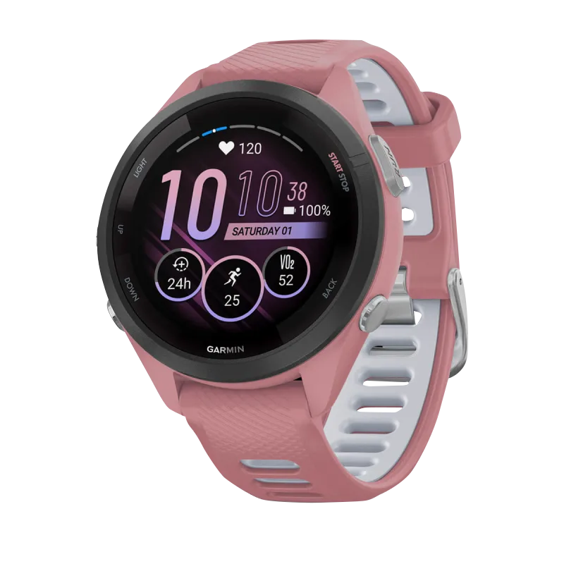 Garmin Forerunner 265S smartwatch, 42 mm pink case with black bezel and light pink/Whitestone silicone band