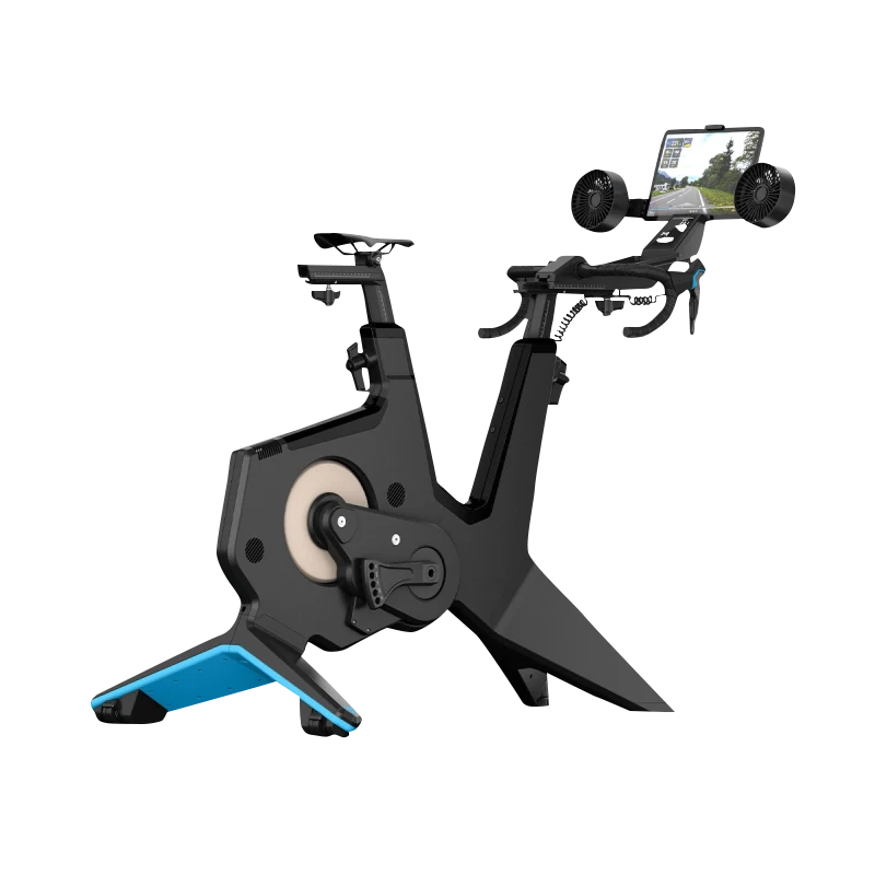 Garmin Tacx NEO Bike Plus trainer with tablet mount and blue-accented base