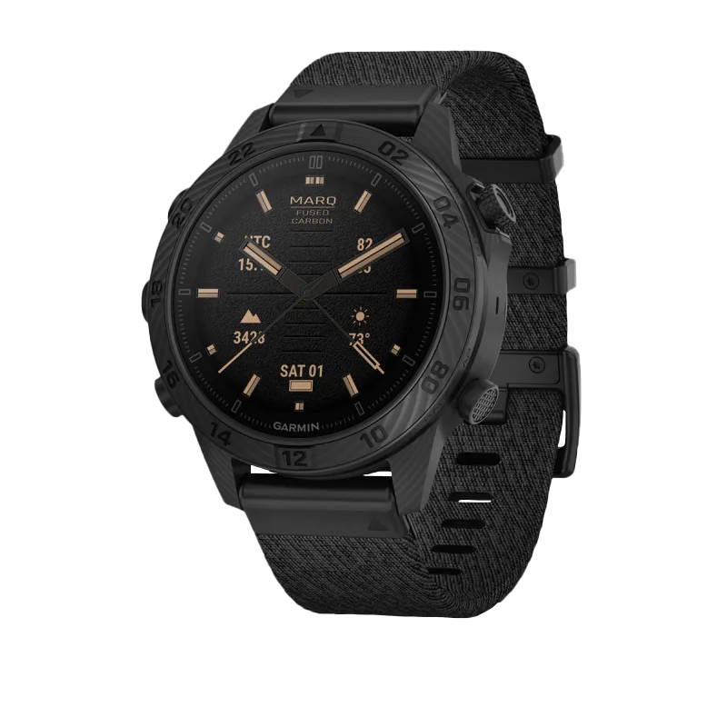 Garmin MARQ Commander Gen 2 Carbon Edition smart watch with black bezel and fabric strap
