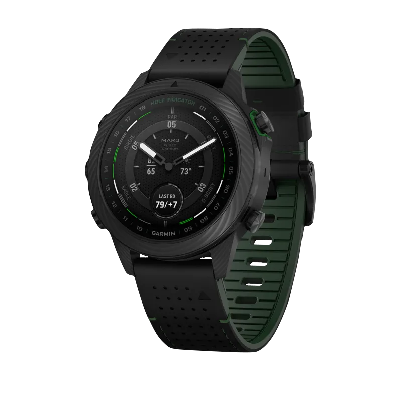 Garmin MARQ Golfer Gen 2 Carbon Edition smart watch with black case, perforated strap and green accents