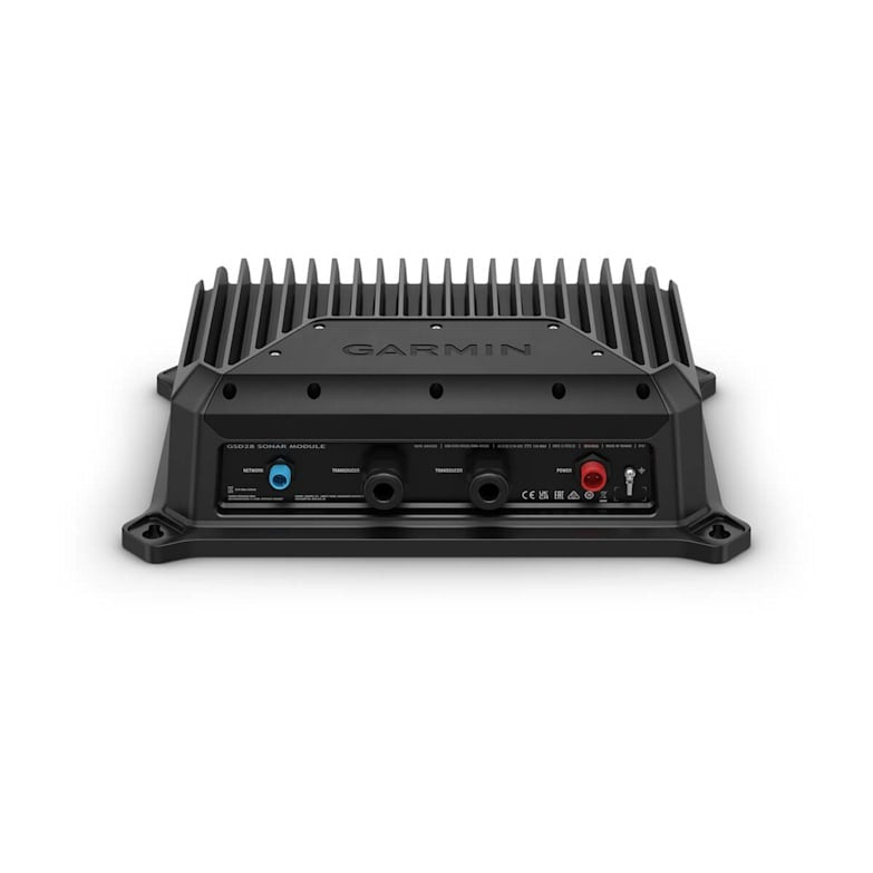 Garmin GSD 28 Sonar Module back panel; marine fish-finder accessory with blue port, black connectors, and red power.