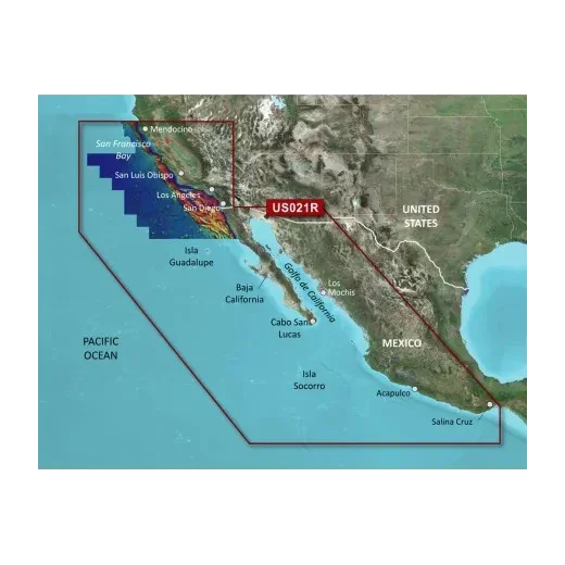 Garmin map card: BlueChart g3 Vision VUS021R coastal charts from Mendocino, CA to Salina Cruz, MX on microSD/SD