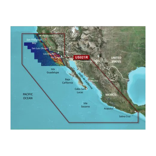 BlueChart g3 Coastal Charts map card HXUS021R microSD/SD covering U.S. Mendocino, CA to Salina Cruz, MX Garmin