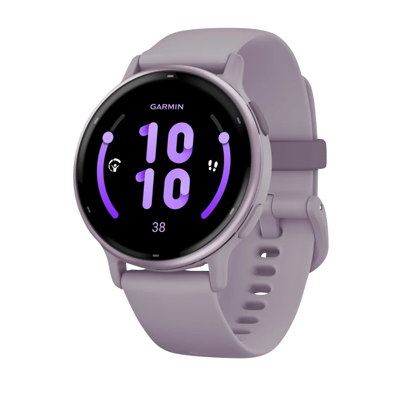 Garmin Vivoactive 5 smartwatch with metallic orchid aluminum bezel and orchid silicone band