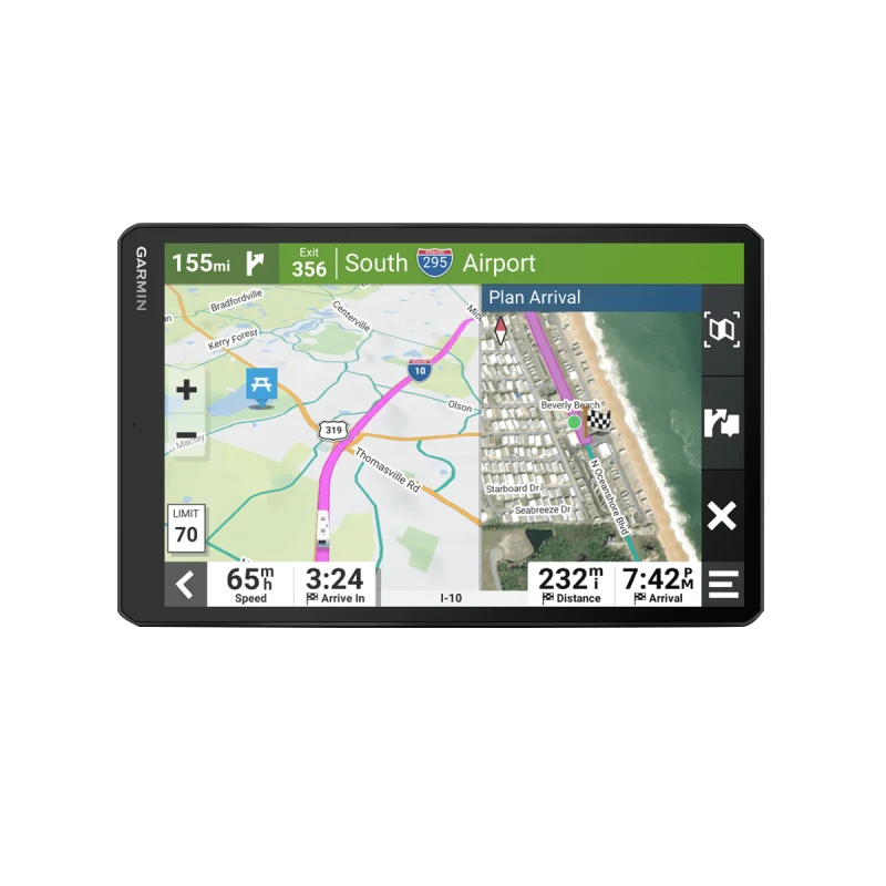 Garmin RV 1095 10-inch RV navigator display on a black device showing detailed maps