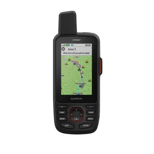 Garmin GPSMAP 67 handheld GPS device, black with orange side button and color map display