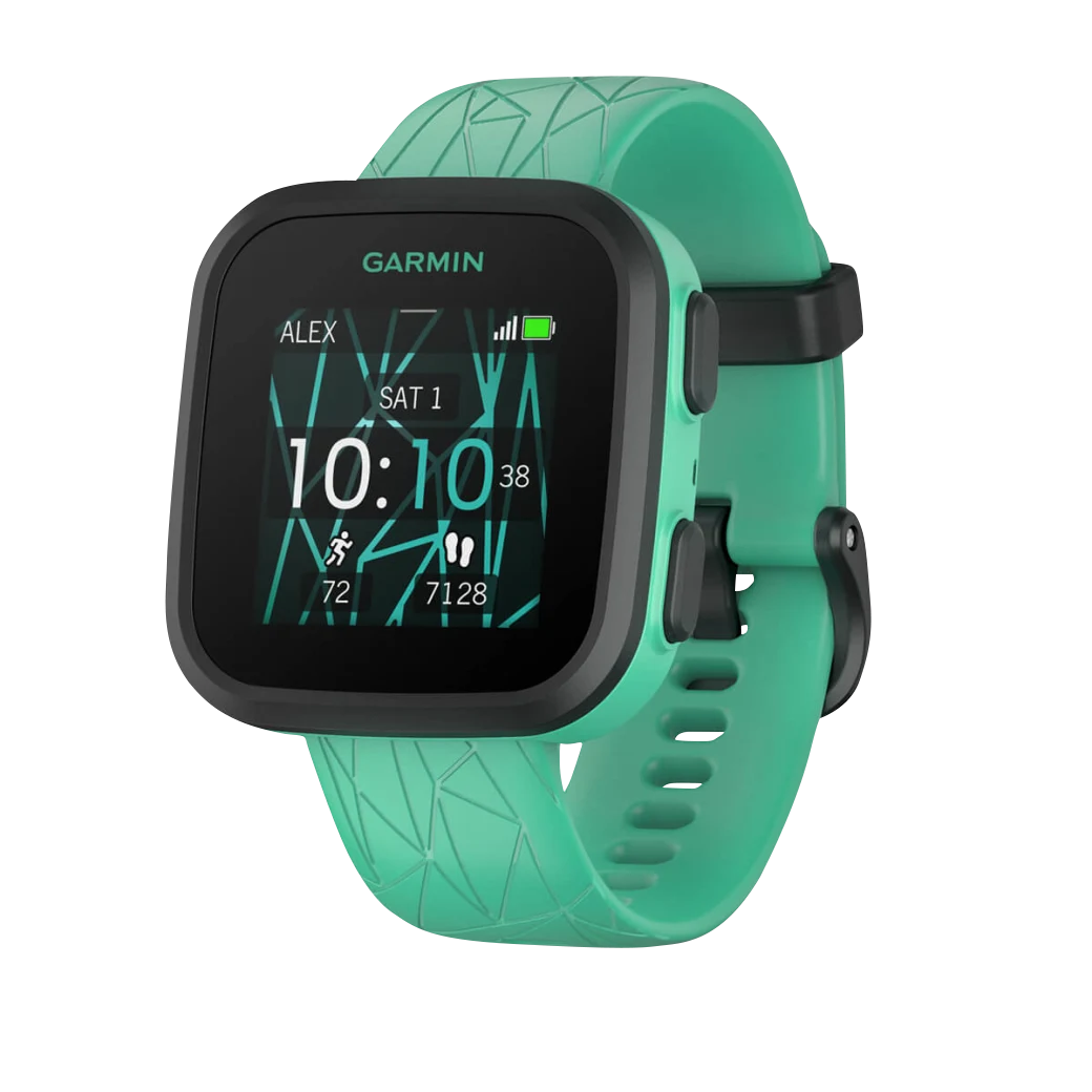 Garmin Bounce Green Burst smartwatch with teal-green band and square display
