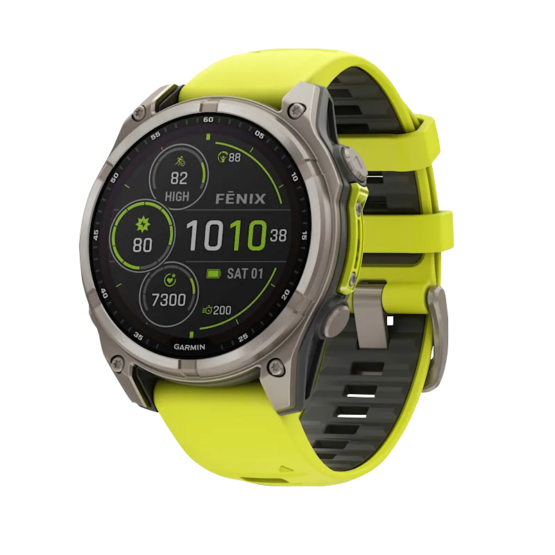 Garmin Fenix 8 smartwatch, 51 mm Solar Sapphire titanium case with Amp Yellow/Graphite silicone band