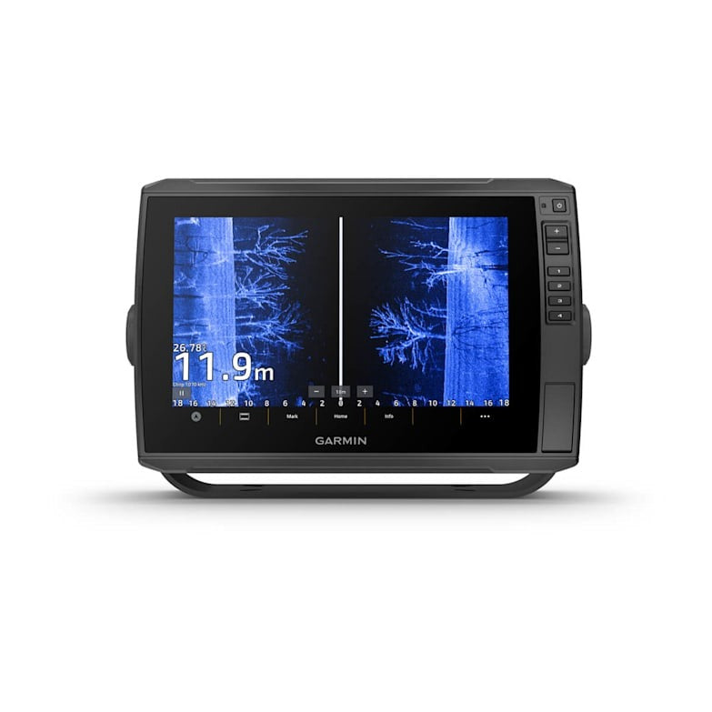 Garmin Echomap Ultra 2 10-inch chartplotter with GT56UHD-TM transducer, split-screen sonar display.