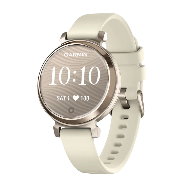 Garmin Lily 2 smartwatch, cream gold case with coconut silicone band, certified refurbished.