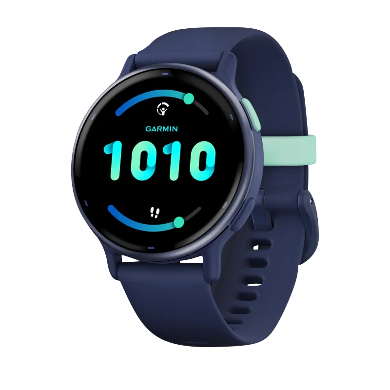 Garmin Vivoactive 5 smartwatch with metallic navy aluminum bezel and navy silicone band