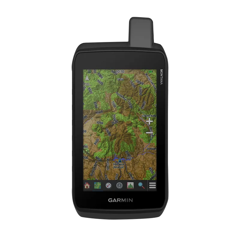 Garmin Montana 710 rugged handheld GPS touchscreen navigator in black with topo map on bright display