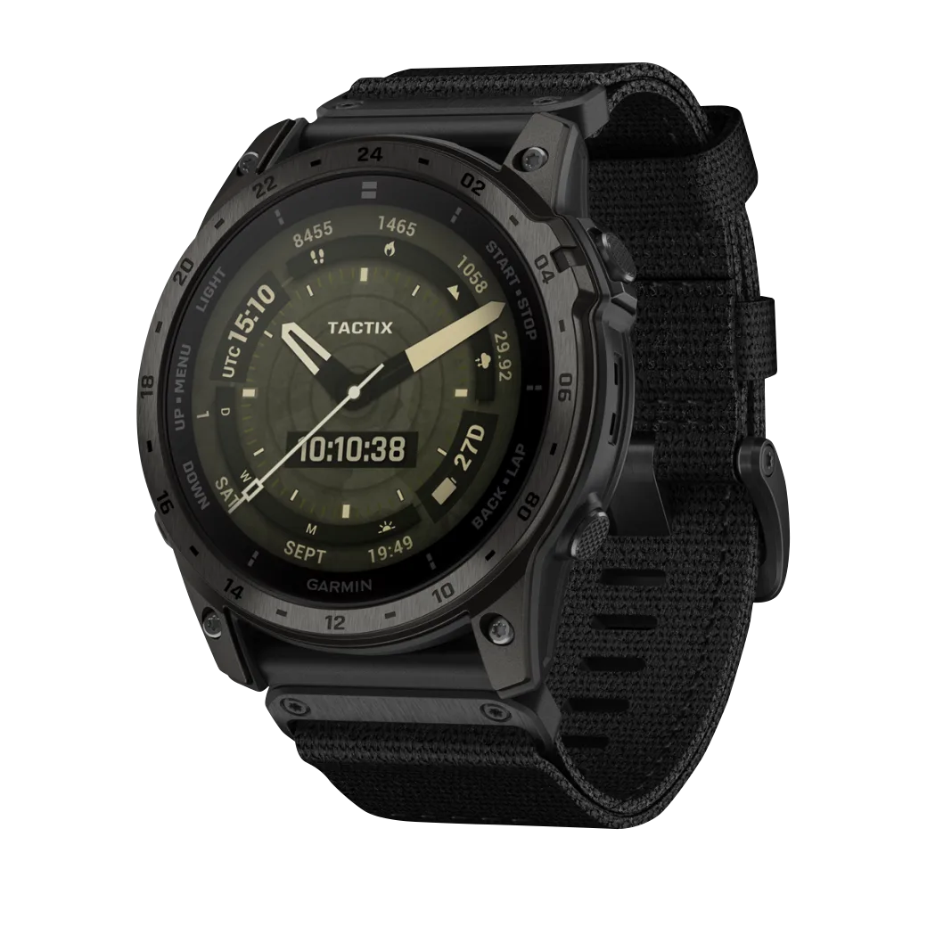 Garmin Tactix 7 AMOLED smart watch, refurbished, black tactical design with fabric strap