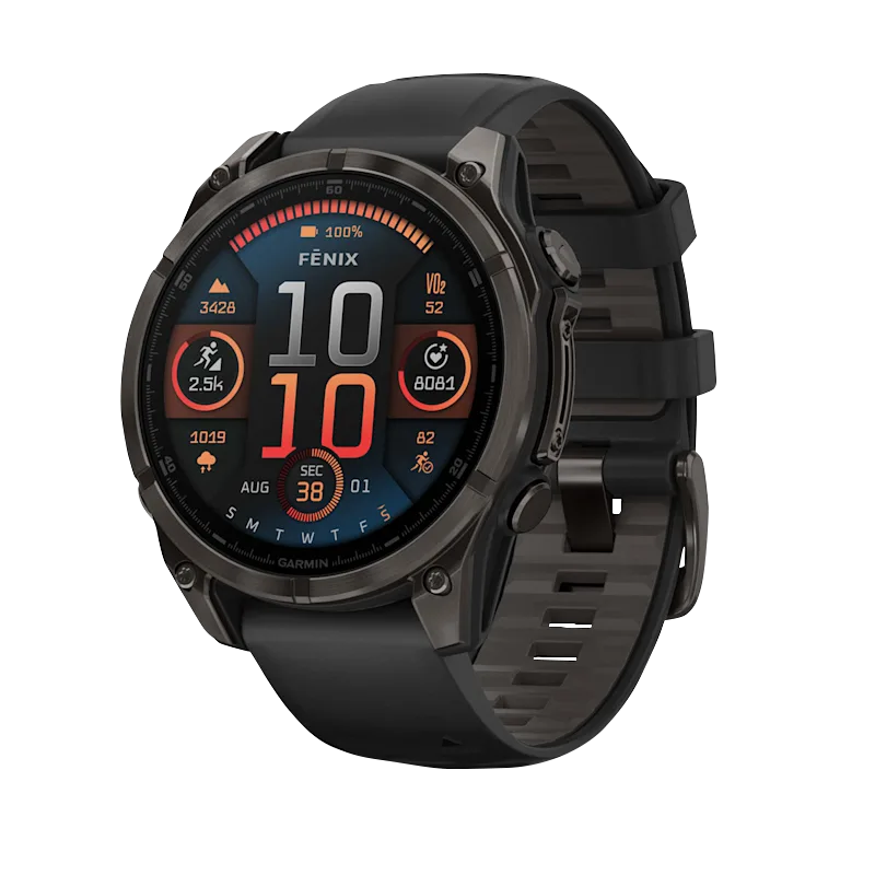 Garmin Fenix 8 smartwatch, 51 mm AMOLED Sapphire, carbon gray DLC titanium case with black/pebble gray silicone band
