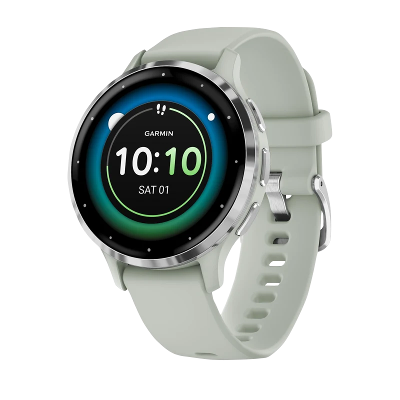Garmin Venu 3S smartwatch, 41 mm silver bezel with sage gray silicone band