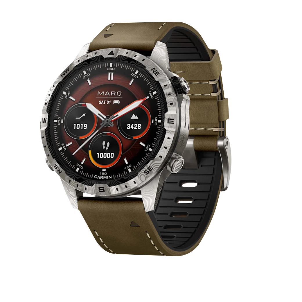 Garmin MARQ Adventurer Gen 2 Damascus Steel Edition smart watch with brown leather strap