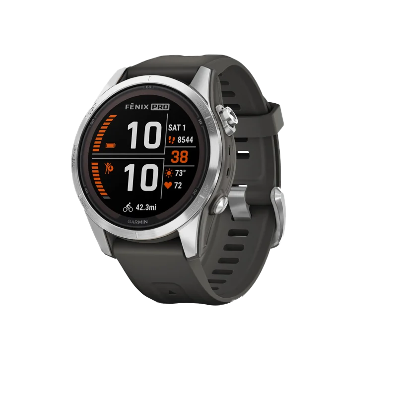 Garmin Fenix 7S Pro Solar smartwatch with silver case and graphite band (010-02776-00)