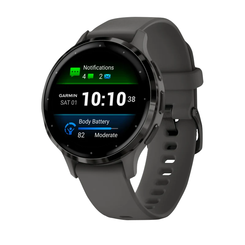 Garmin Venu 3S smartwatch, 41 mm slate stainless-steel bezel with pebble gray silicone band.