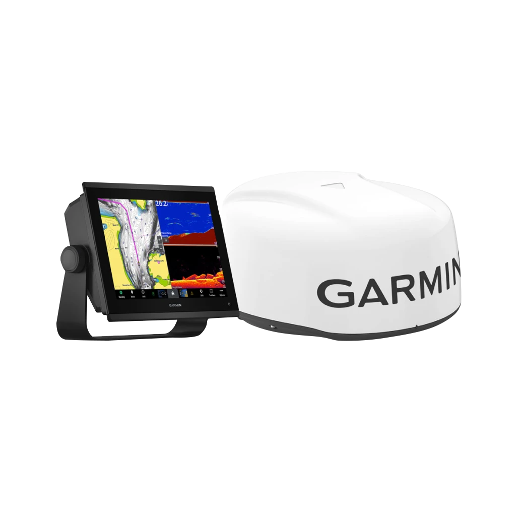 Garmin GPSMAP 1243xsv marine chartplotter with white GMR 18 HD3 radar dome