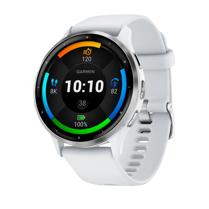 Garmin Venu 3 smartwatch, 45 mm silver stainless steel bezel with Whitestone case and white silicone band