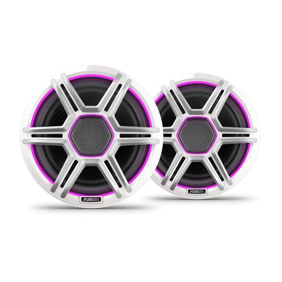 Fusion Apollo 7.7-inch LED marine speakers with white sports grilles, pair, purple LED rings