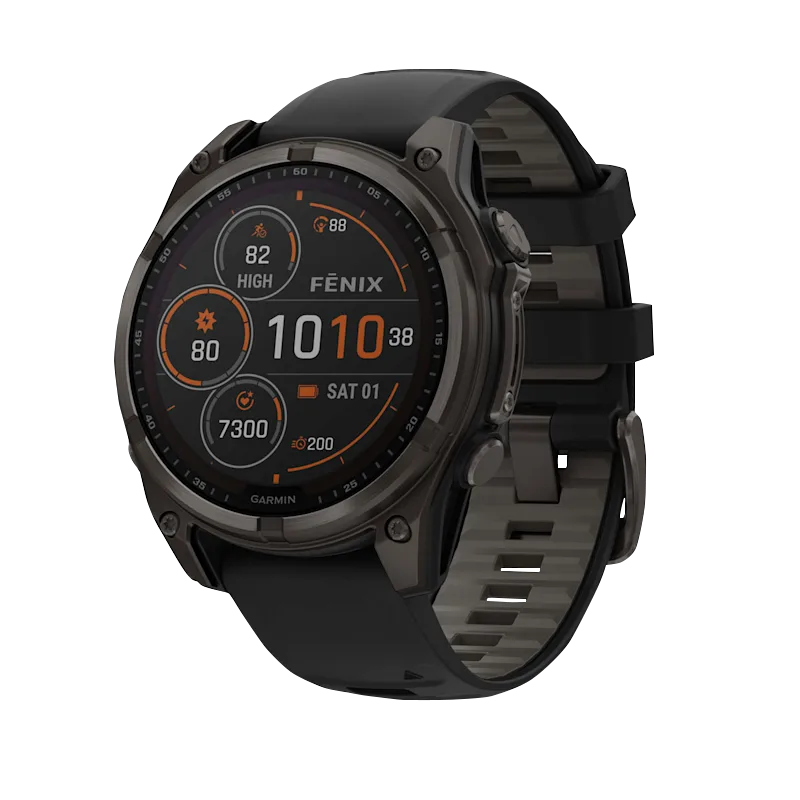 Garmin Fenix 8 51mm Solar Sapphire watch with carbon gray DLC titanium case and pebble gray silicone band
