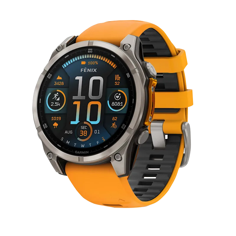 Garmin Fenix 8 smartwatch, 51 mm AMOLED Sapphire display, titanium case, Spark Orange/Graphite silicone band