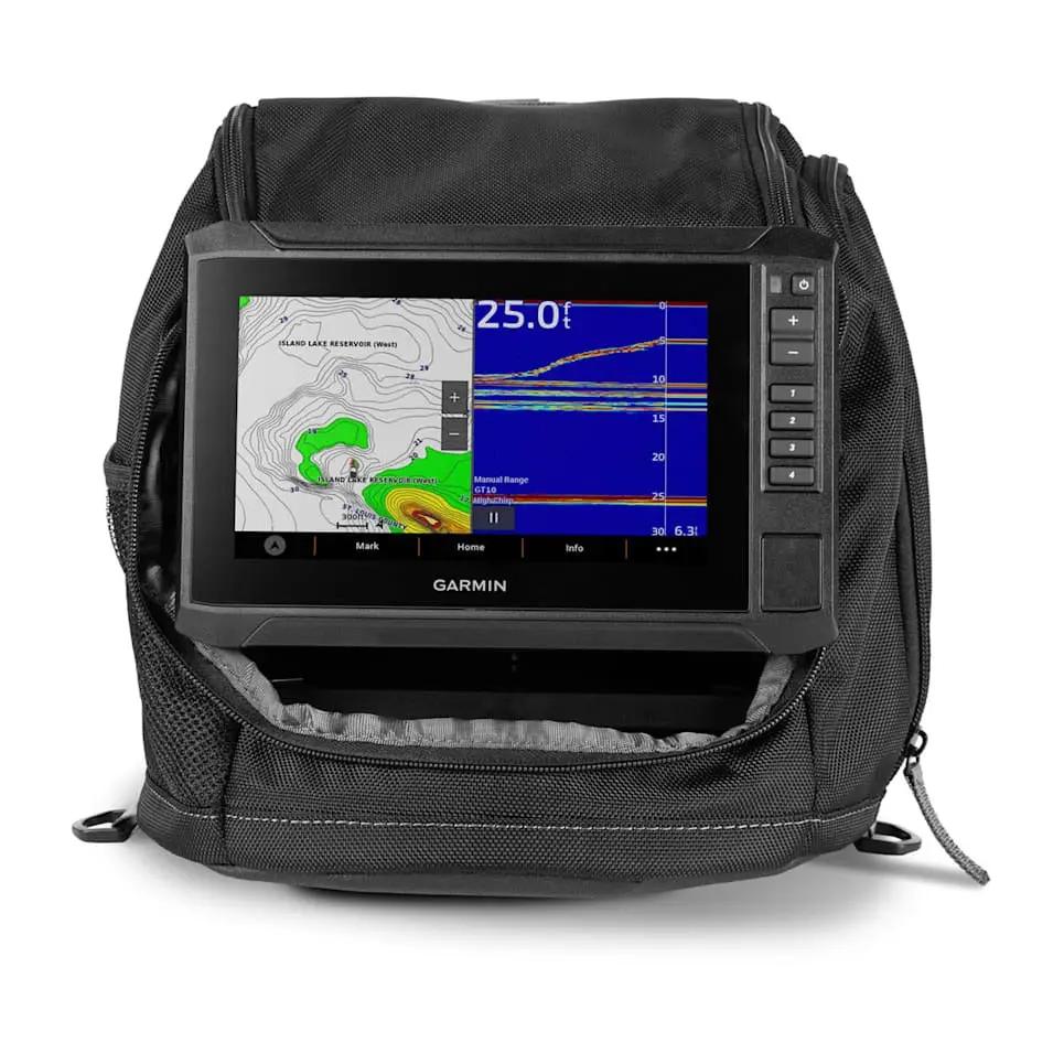 Garmin ECHOMAP UHD2 7-inch ice fishing bundle with GT10HN-IF transducer in a black carrying case