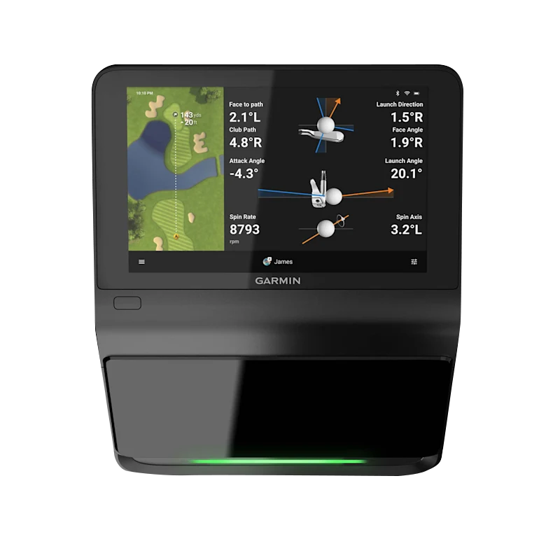 Garmin Approach R50 golf launch monitor and swing analyzer on black stand with green LED light