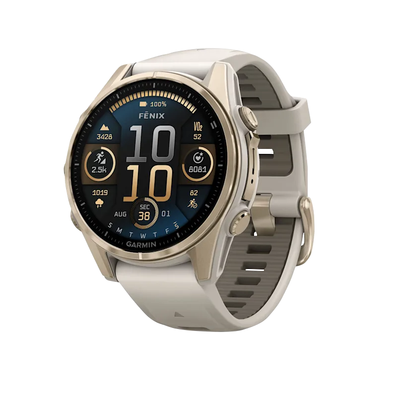 Garmin Fenix 8 smartwatch, 43 mm AMOLED Sapphire, Soft Gold with Fog Gray/Dark Sandstone silicone band