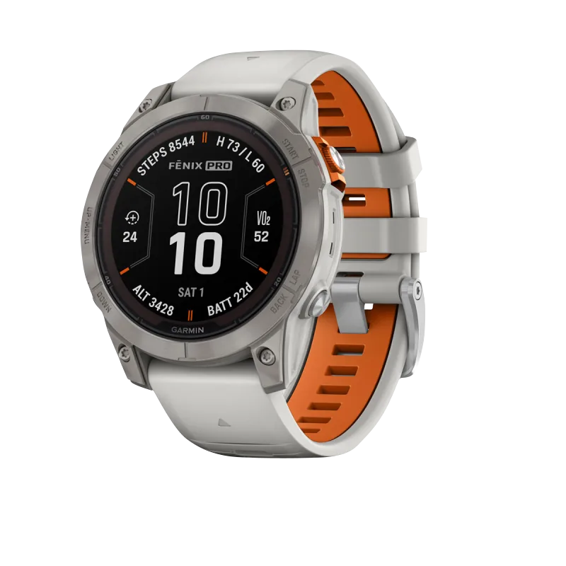 Garmin Fēnix 7 Pro Solar smartwatch with titanium case and Fog Gray/Ember Orange band (010-02777-20)