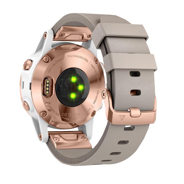 Garmin D2 Delta S Aviator GPS smartwatch with beige leather band and rose-gold stainless steel case (back view)