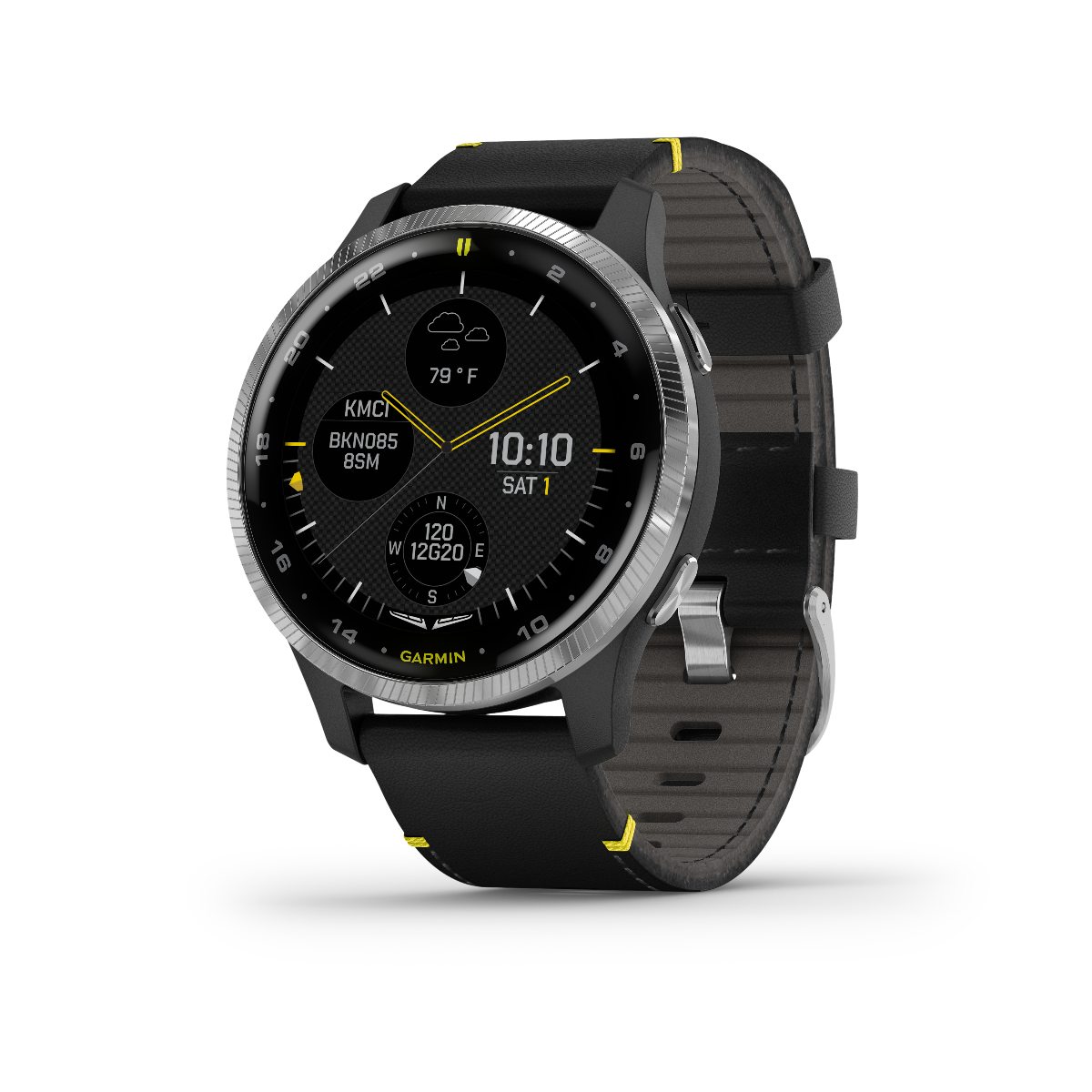 Garmin D2 Air GPS Aviator Smartwatch with black leather strap and yellow stitching