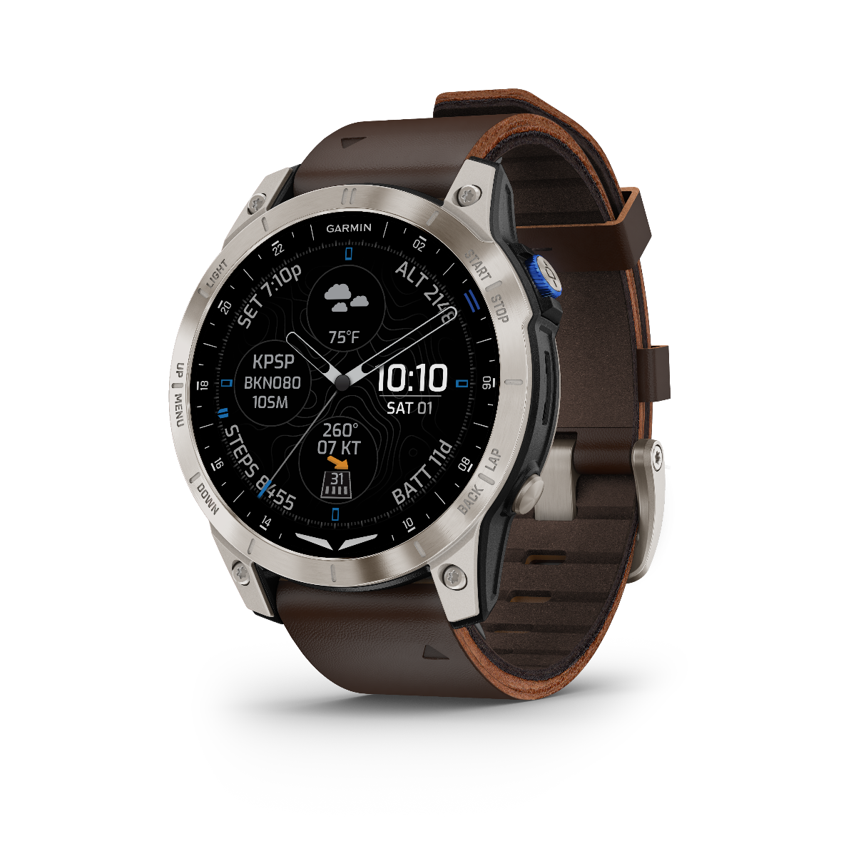 Garmin D2 Mach 1, Oxford Brown Leather Band, GPS Aviation Smartwatch for Pilots (010-02582-54) by Garmin