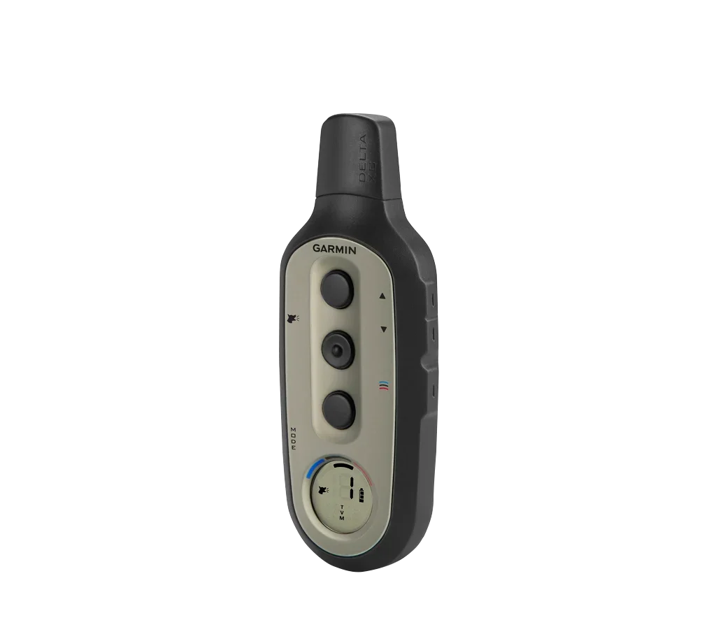 Garmin Delta Sport XC handheld remote for dog training; beige front panel with three black buttons on a gray body.