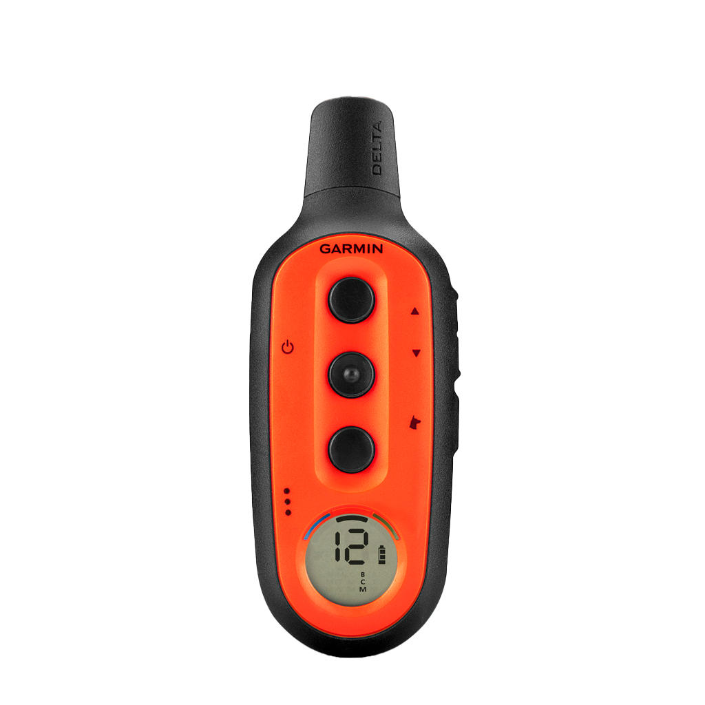 Garmin Delta Upland handheld remote dog training device, orange with black sides and LCD display