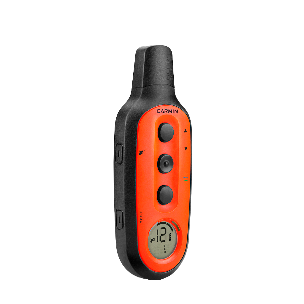 Garmin Delta Upland XC handheld dog training remote, orange front panel with black housing and small display