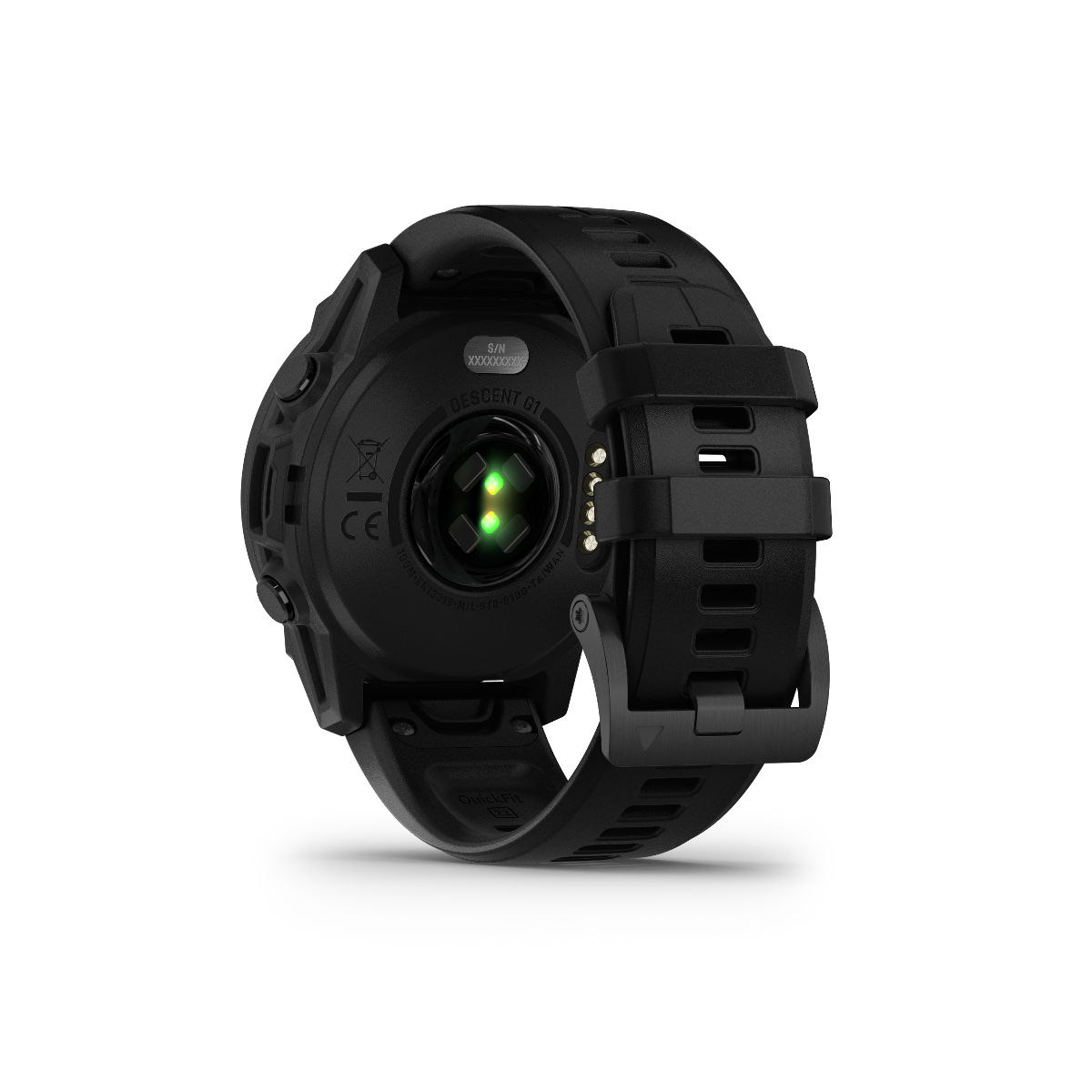 Garmin Descent G1 Solar dive smartwatch back view in black with green sensors