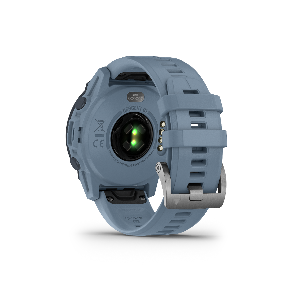 Garmin Descent G1 Solar dive computer watch in Hurricane Blue with silicone strap, back view of sensors
