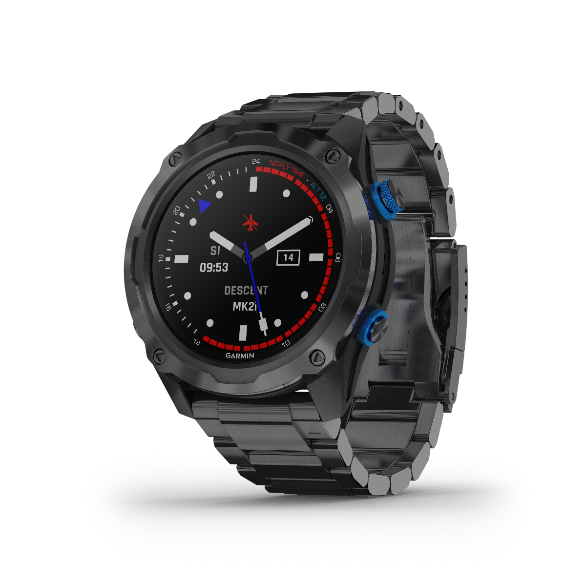 Garmin Descent Mk2i dive smartwatch with titanium DLC case, blue crown, and black band